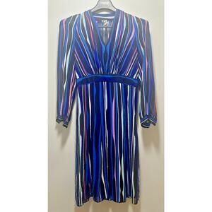 Anne Klein Women’s Size 8 Multicolor Stripe V-Neck A-Line Dress 3/4 Sleeve